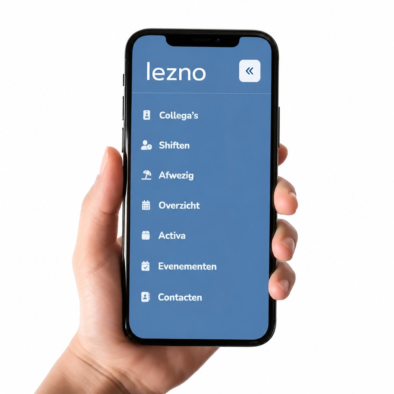 LEZNO op smartphone met toegang tot collega's, shiften, verlof, materiaal en evenementen